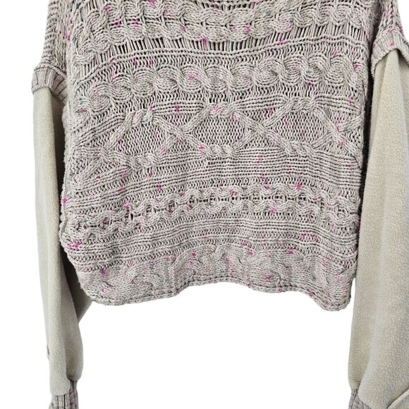 Free People Sweater Medium Cable Knit Fleece Layer Gray Scoop Neck Slouchy - Picture 6 of 9